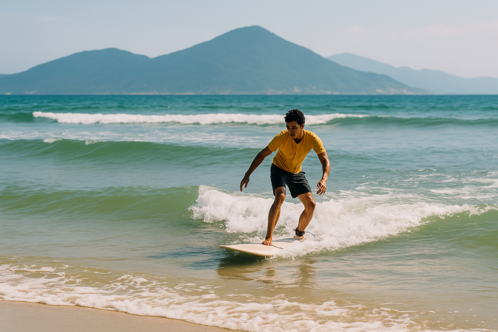 beginner surfer riding a small wave at My Khe Beach, Da Nang