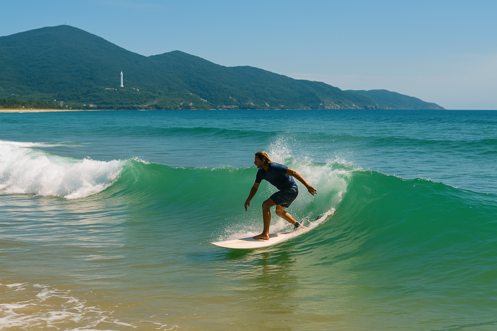 surfer riding a clear wave with Son Tra Peninsula in the background
