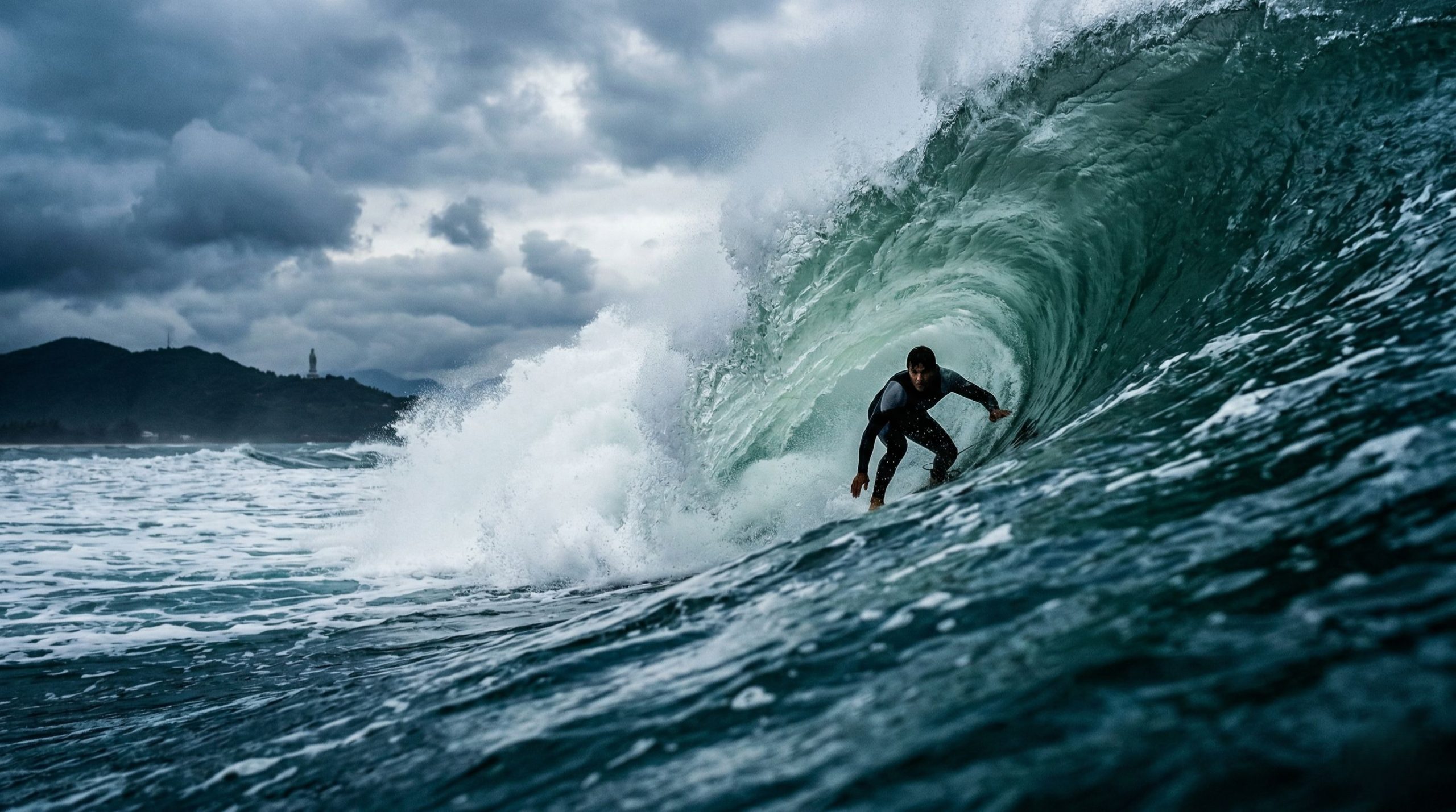 A dramatic photograph, taken from a low water angle. A professional surfer is entering a large, steep, and powerful barrel/tube. The sky is slightly overcast or cloudy (typical of the monsoon season), and the sea is a deep blue. The image conveys adventure, high skill, and the power of the ocean. The Son Tra peninsula can be faintly seen in the distance through the hazy rain.