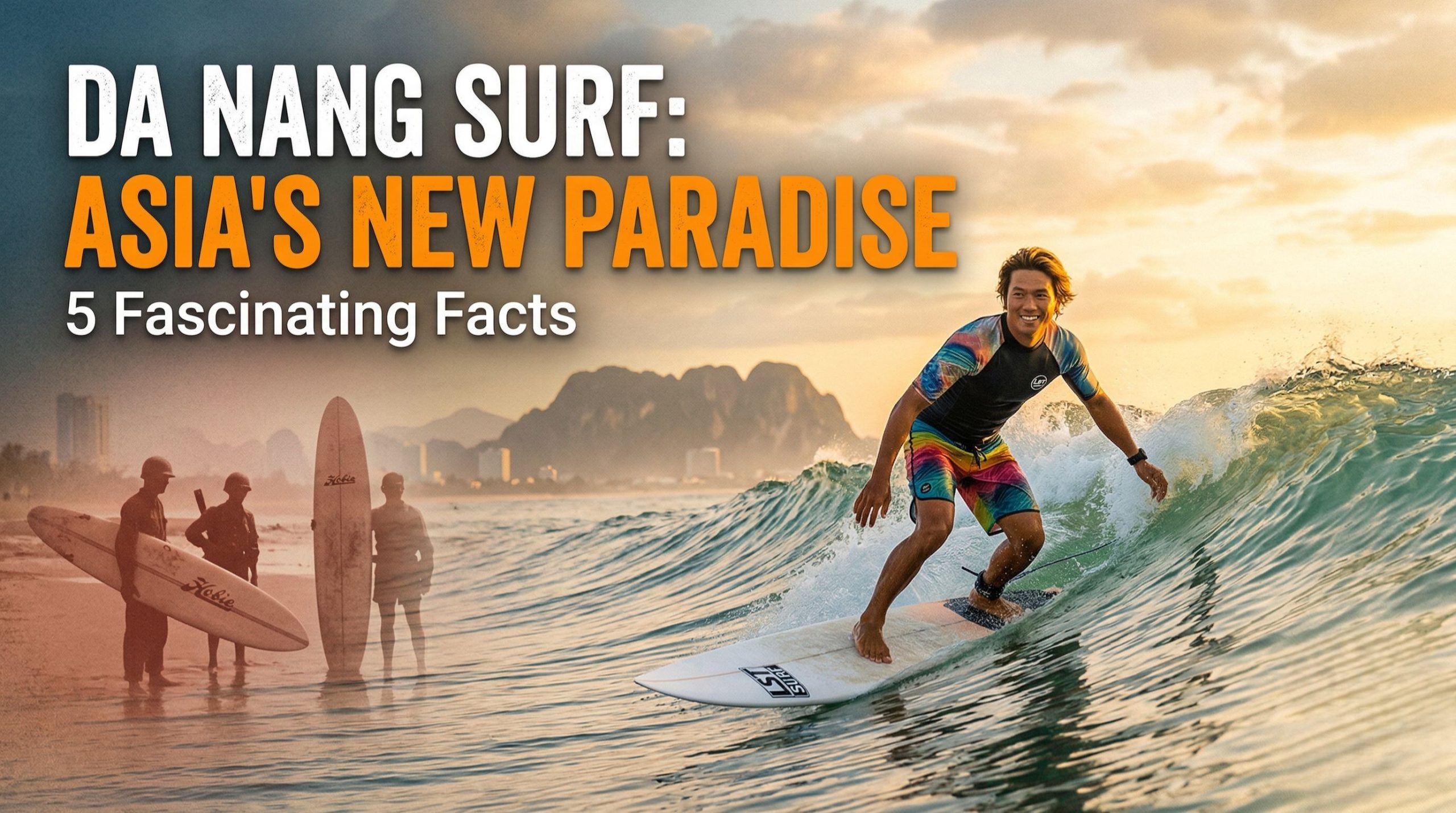 Hình ảnh tập trung vào người lướt sóng tại bãi biển Mỹ Khê vào buổi bình minh sớm, tạo ra mặt sóng mượt mà (glassy). Phía xa là Ngũ Hành Sơn mờ ảo. Ở góc trên bên trái, văn bản lớn, in đậm bằng tiếng Anh, kiểu chữ hiện đại: "DA NANG SURF: ASIA'S NEW PARADISE"