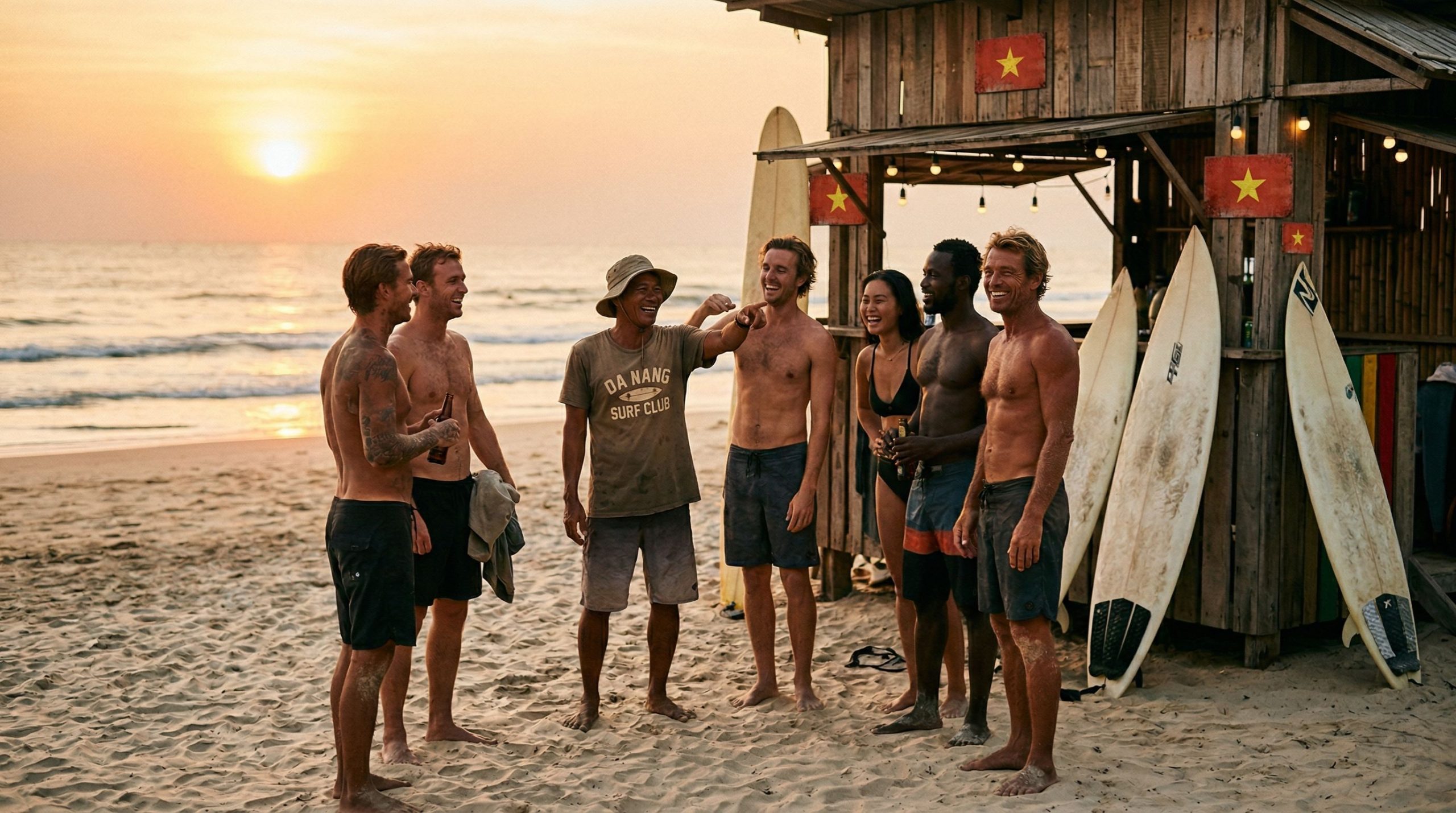A candid, warm lifestyle photograph on the beach in Da Nang at sunset. A diverse group of multinational surfers (Vietnamese like Hai and Teo, and international travelers) are gathering, laughing, and sharing waves. They have sun-kissed skin and rugged, ever-present welcoming smiles, reflecting the free-spirited "Rasta" culture of the local community. Surfboards are leaning against a wooden beach bar adorned with subtle Rasta colors. Warm, golden hour lighting, relaxed, hospitable atmosphere. Deep human connection focus, shallow depth of field.