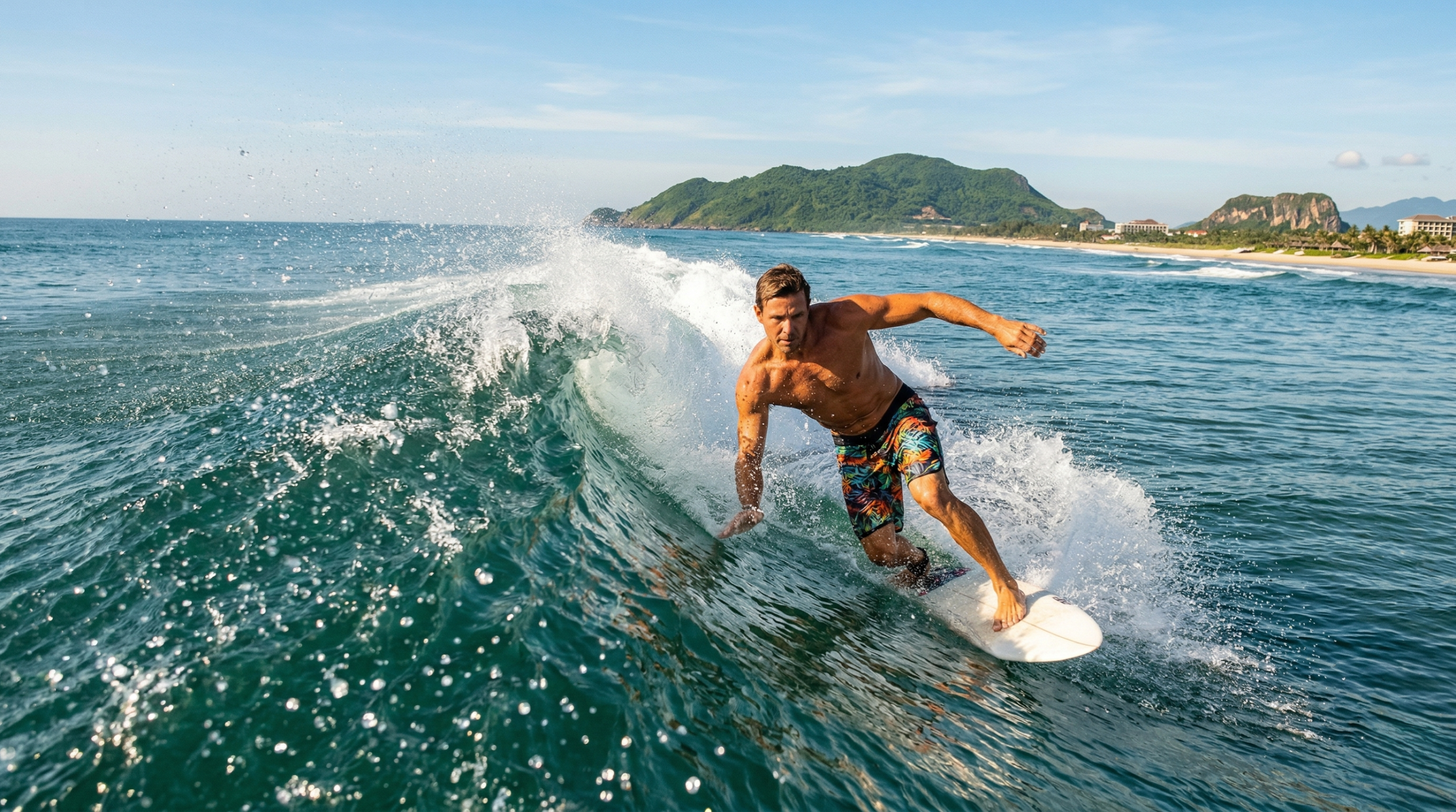A dynamic, action sports photograph, capturing an experienced surfer during peak season (September-March) at My Khe beach, Da Nang. The surfer is powerfully carving on a perfect, powerful A-frame wave passing through the Luzon Strait. The focus is sharp on the surfer, who is wearing only colorful boardshorts or a bikini, highlighting the year-round warm 26°C water privilege. Water droplets are frozen in time, glittering in the bright morning sunlight. The background features the vast ocean and the unique topography of Da Nang coastline. Ultra-realistic, high-resolution sports photography.