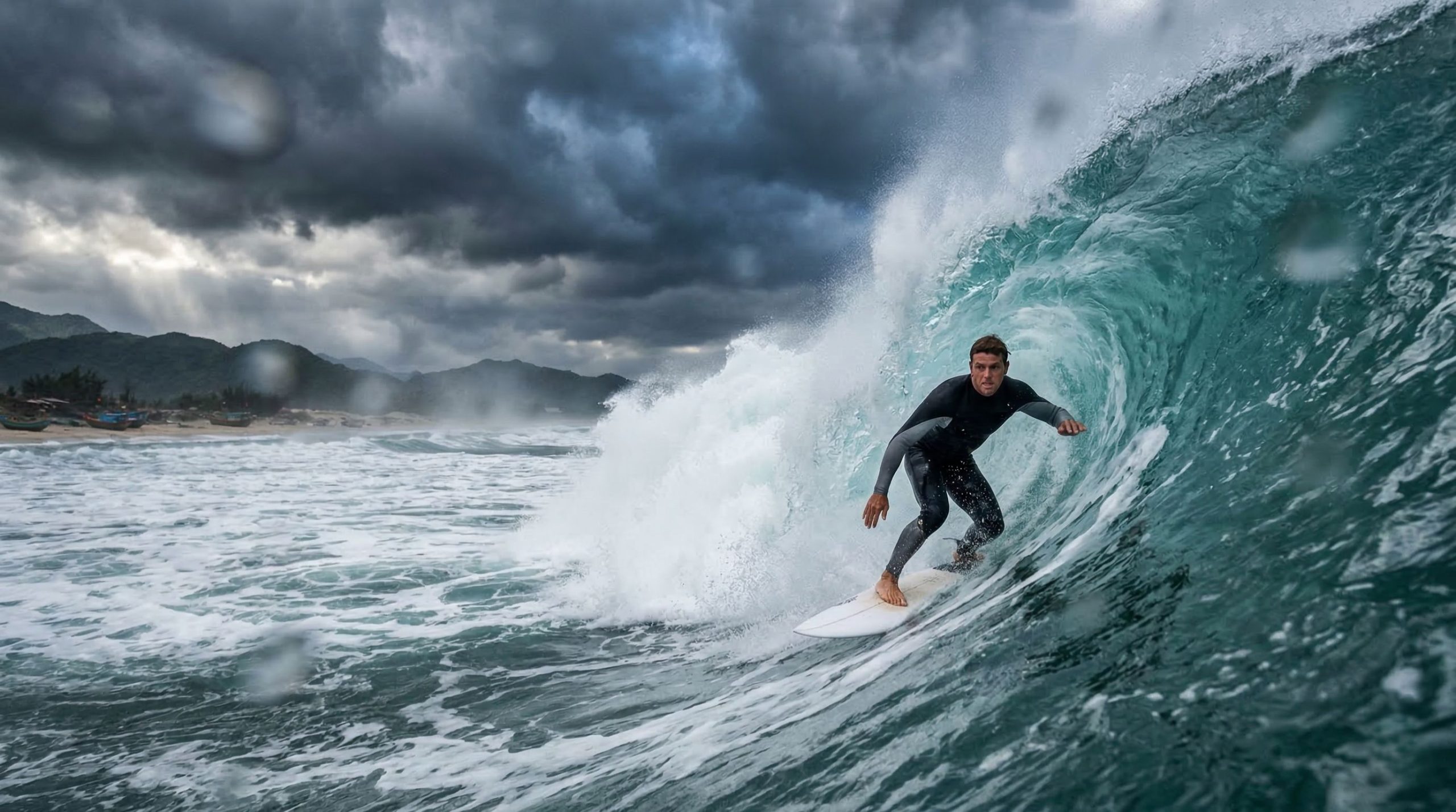 A male surfer in a black wetsuit navigating a powerful barrel wave under a stormy sky at a Da Nang surf spot