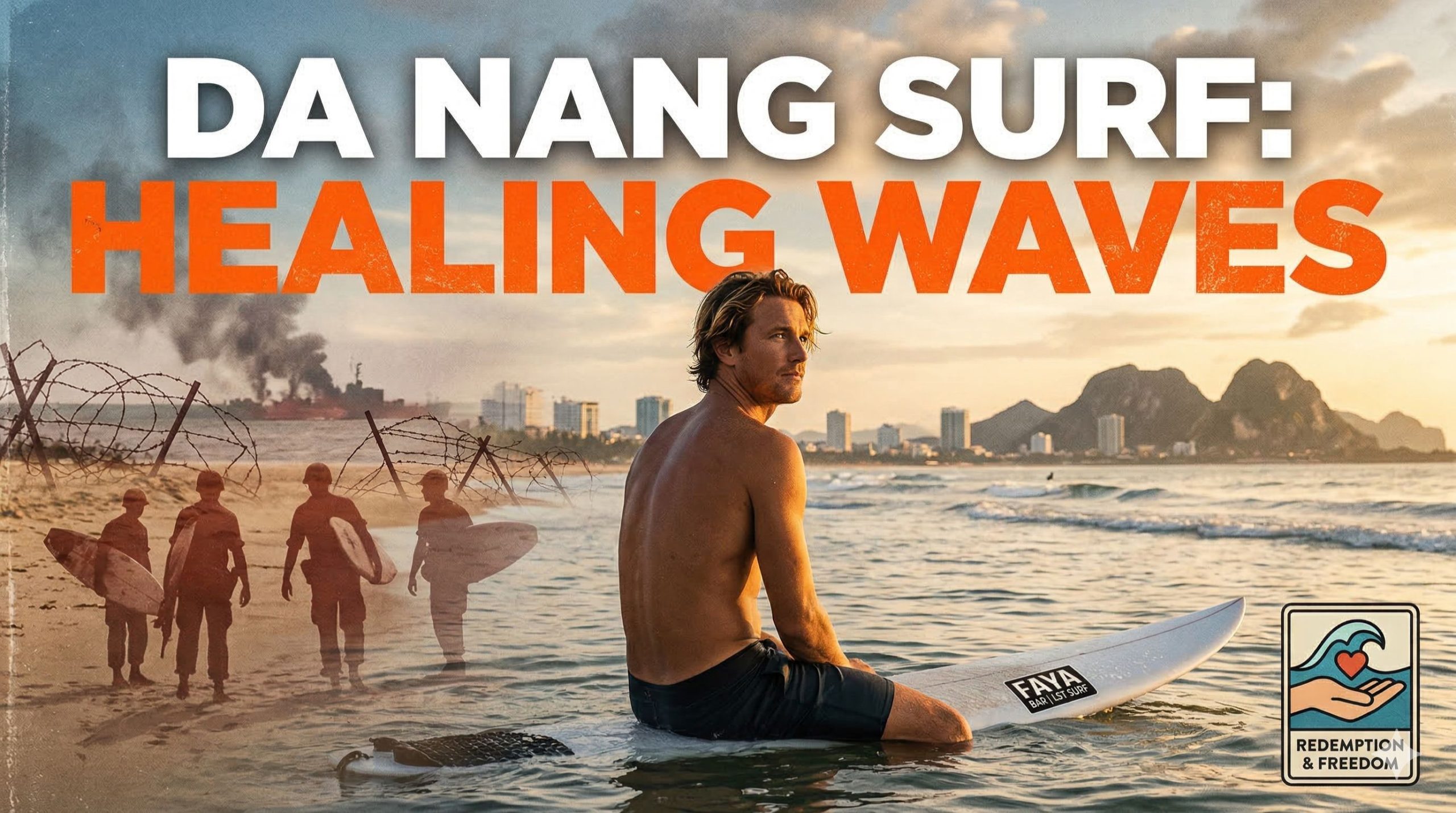 Art poster "Da Nang Surf: Healing Waves" juxtaposing blurred historical soldiers v. a modern surfer on My Khe Beach