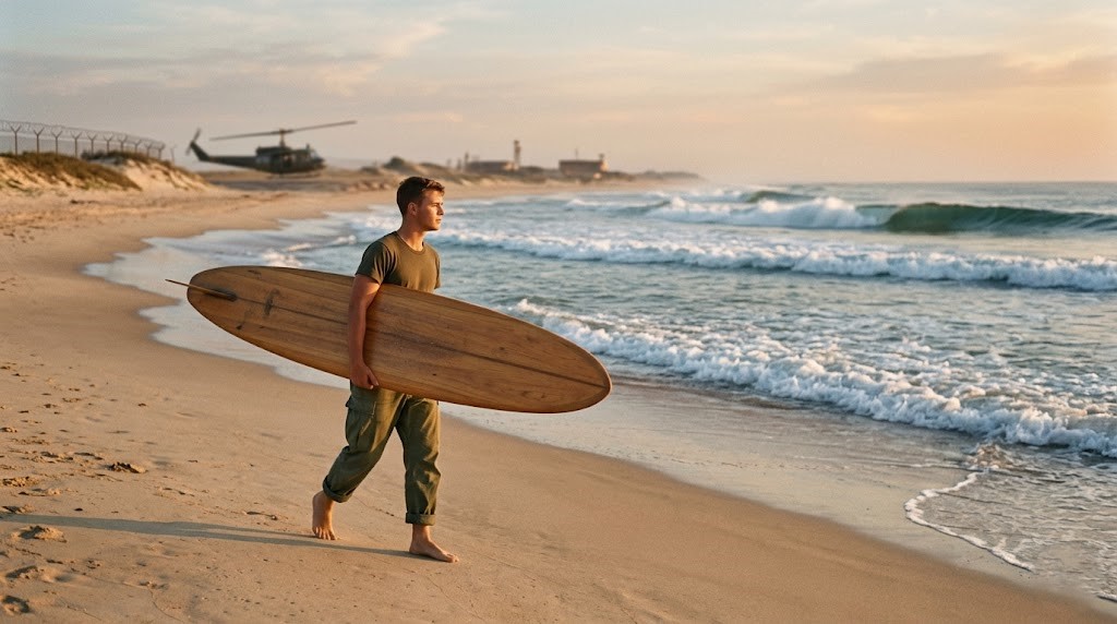 A vintage American soldier (around the 1960s) holds a classic surfboard on the beach, with a distant backdrop evoking the past while still conveying the peaceful feeling of the ocean waves.