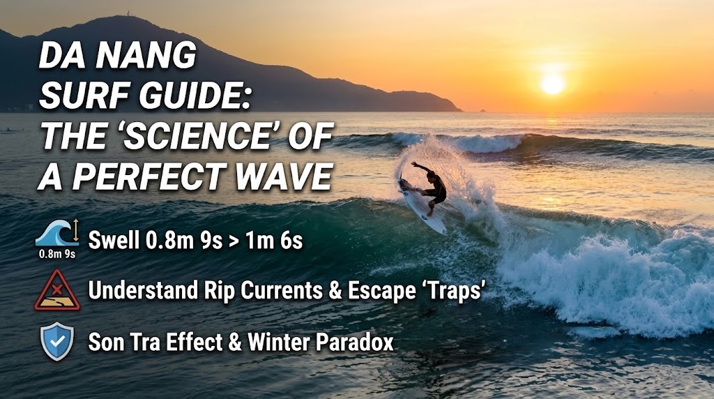 The background image features a surfer riding a powerful wave at My Khe Beach at sunrise, with the Son Tra Peninsula in the distance. On the left side are three icons and summary text for key points: Swell Period Comparison, Rip Current Awareness, and the Son Tra Effect. On the bottom right are logos for the specialized tools Surfline, Windguru, and Surf-Forecast