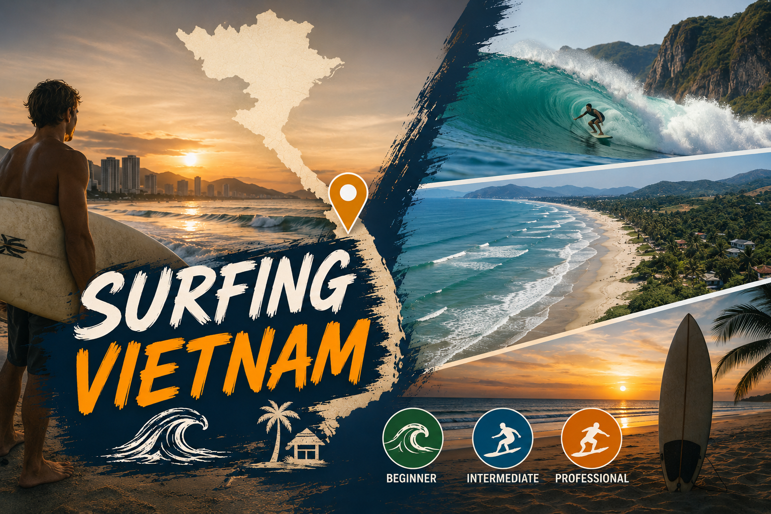 Cinematic surfing collage featuring Vietnam beaches, surfers, and tropical coastline landscapes