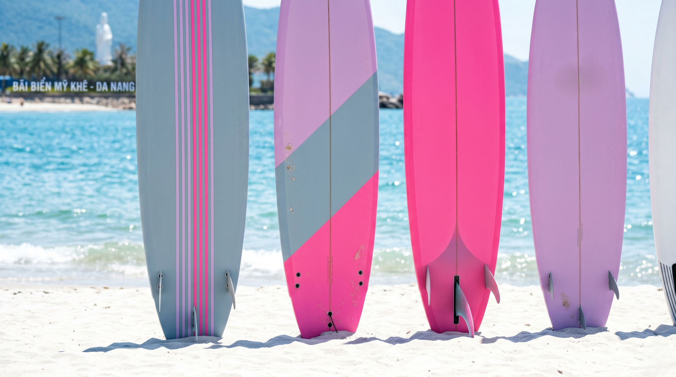 A lineup of surfboards in Misty Gray, Pink, and Pastel Lilac standing on the white sand of My Khe beach, available at our Da Nang surfboard rental shop.