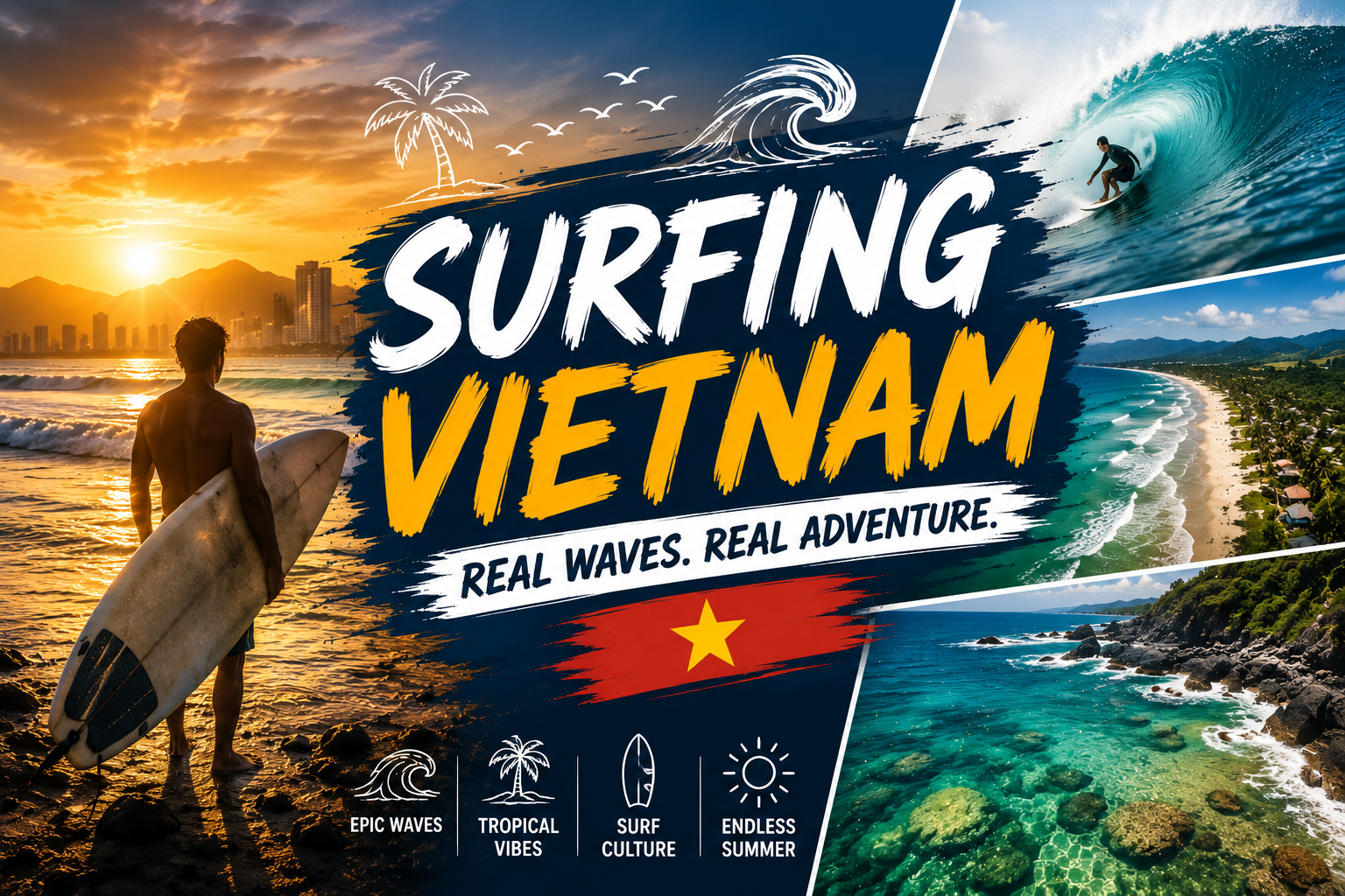 Surfer standing at sunset with tropical Vietnam coastline and powerful ocean waves